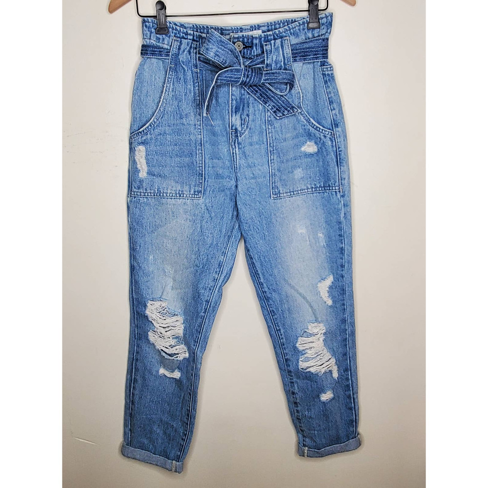 Vervet Audrey Ultra High Rise Mom Fit Paperbag Waist Distressed Jeans Denim, 26